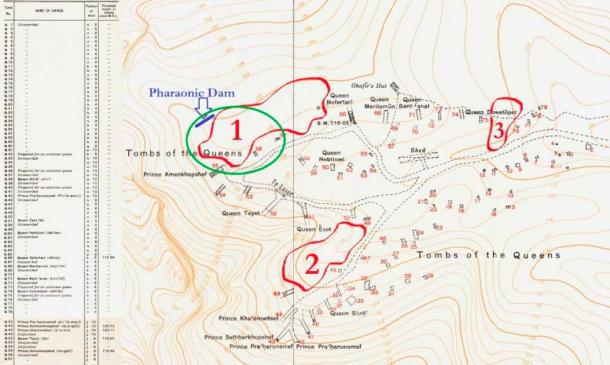 A map of the Valley of the Queens, Egypt, by Survey of Egypt (British Government) – The Theban Necropolis Sheet E-1 Tombs of the Queens. The author has identified three target areas in which to search for Nefertiti’s tomb, and has also marked the location of an ancient Egyptian-era dam built to control flooding in the valley. If flash floods were indeed occurring there, as evidenced by the dam, then perhaps Nefertiti’s tomb is still awaiting discovery right there in the western edge of the Valley, somewhere in the green circle. (Public Domain)