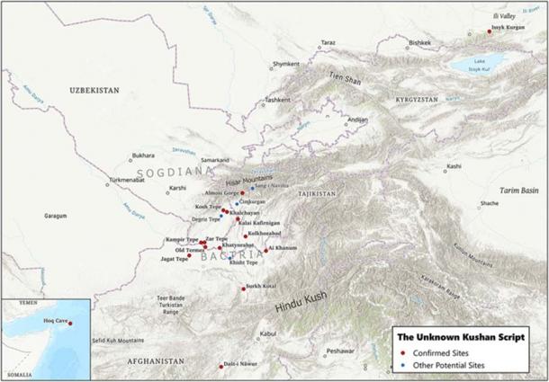 Map of the find sites of the various inscriptions which have now been identified by linguists as an ancient Kushan language. (Bonmann, S. et. al. / CC BY-NC-ND 4.0)