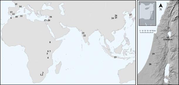 Map of selected locations where stone balls (including spheroids) have been documented. Right: Map of stone ball sites in the southern Levant, including the location of 'Ubeidiya. ((Muller, A., et al. /Royal Society Open Science)