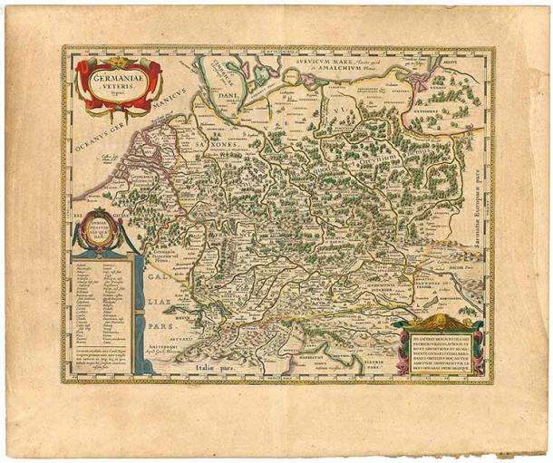 Map “Germaniae veteris typus (Old Germany),” 1645, edited by Willem and Joan Blaeu, based on Tacitus and Pliny, depicting Germanic tribes mentioned in Tacitus's “Germania.” (Public domain)