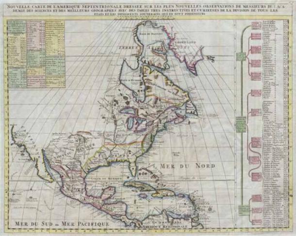 Map of North America published by Henry Chatelain for the 1720 edition of his seminal Atlas Historique. It includes references to Quivia (Quivira) just west of the Mississippi, and Cibola in New Mexico. Both Quivira and Cibola are among the “Seven Cities of Gold” sought after by early Spanish explorers in the North America. (Public Domain)