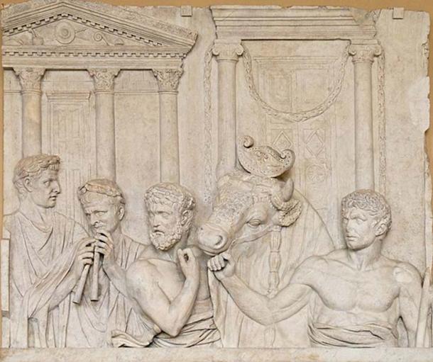 Marble fragment depicting animal sacrifice, Rome, 2nd century AD. Now in the Louvre. 