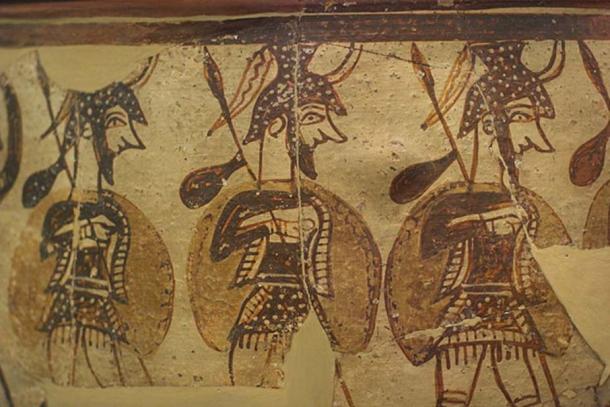 Marching soldiers, painted on the crater of Mycenae, Late Bronze Age, 12 century BC, National Archaeological Museum of Athens, N 1246. Detail.