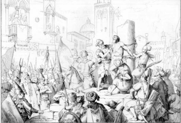 Marco Antonio Bragadin, being skinned alive outside the Cathedral of Saint Nicolas in Famagusta, Cyprus. Engraving by Antonio Vivani from Venetian History Expressed in 150 Plates.