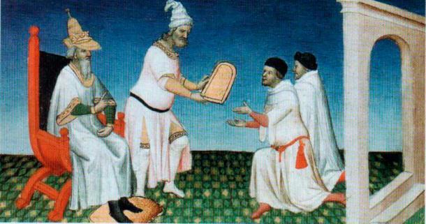 Marco Polo and his brothers in the court of Kublai Khan. Khan gives them a tablet, circa 1410 (Public Domain)
