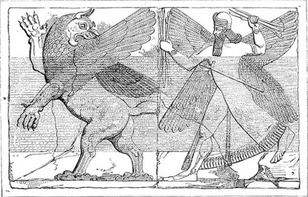 Marduk and the Dragon Marduk, chief god of Babylon, with his thunderbolts destroys Tiamat the dragon of primeval chaos. Drawing from relief 