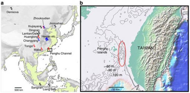 Marine topography of the Penghu Channel, from where the Penghu 1 jaw and teeth were discovered. According to the study by Kaifu and colleagues, the pins represent previous fossil locations.