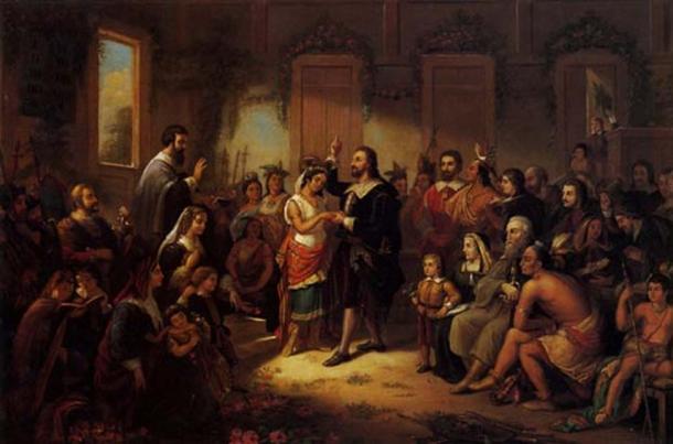 Marriage of Matoaka (Pocahontas) to John Rolfe. From ‘Pocahontas: Her Life and Legend’ (1855) by William M. S. Rasmussen.