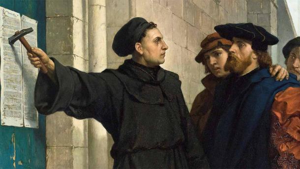 Martin Luther posting his 95 theses in 1517 is considered a starting point of the Protestant Reformation. Painting by Ferdinand Pauwels, 1872 (Public Domain)