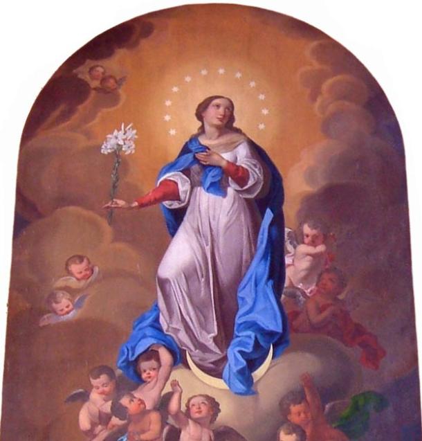 Mary as the goddess Selene, with the Moon beneath her feet and the twelve stars of the constellations around her head. 