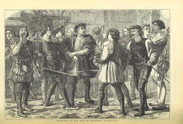Evil May Day Riots start with the working class feeling attacked by the growing number of foreign workers. Public Domain