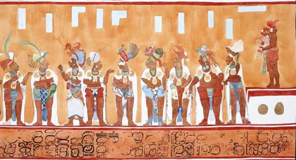 Detail of a Maya Bonampak mural. Note the priest and child on the upper right side.