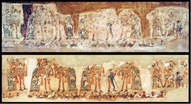 One new Maya wall painting before and after conservation (Image: R. Słaboński / Antiquity Publications Ltd)