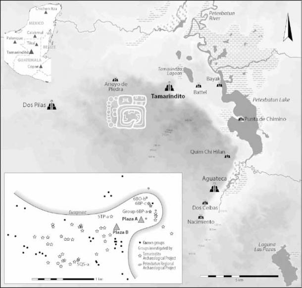 The royal Maya capital of Tamarindito in the Petexbatun region; the emblem glyph of the Foliated Scroll dynasty is shown between Arroyo de Piedra and Tamarindito. Insets: (upper left), Tamarindito's location in the Maya Lowlands; (lower left), schematic site map identifying known residential groups and those investigated by PRAP and TAP. (Eberl, M., Gronemeyer, S. & C.M. Vela González/Latin American Antiquity/CC BY 4.0)