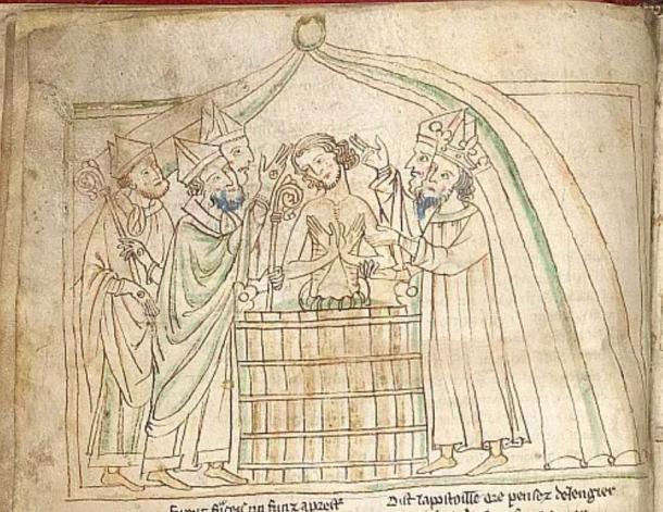 Medieval Baptism of Balan in a tub by Pope Milon (section 351 of the Chanson d’Aspremont. 