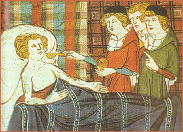 Medieval illustration of a man being given medicine