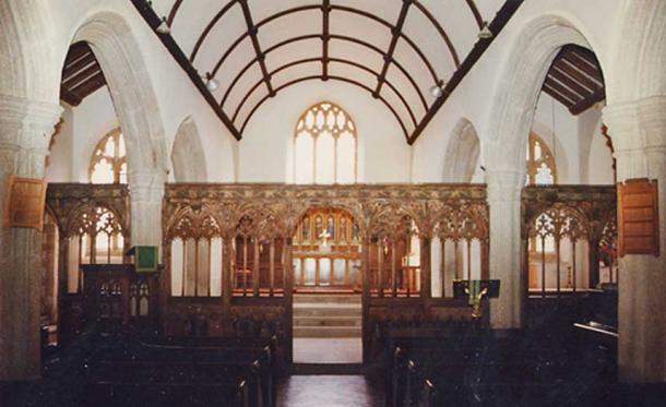 Medieval screen in St Winwaloe's Church, East Portlemouth. It includes a depiction of St Cornelius, perhaps a distant echo of a local tale of Corineus 