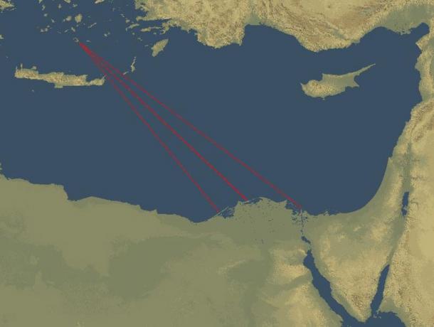 Map showing the directions of some of the waves caused by the Minoan eruption that took place on the Mediterranean island of Santorini and may have reached Egypt, possibly creating tsunamis in the Nile Delta.