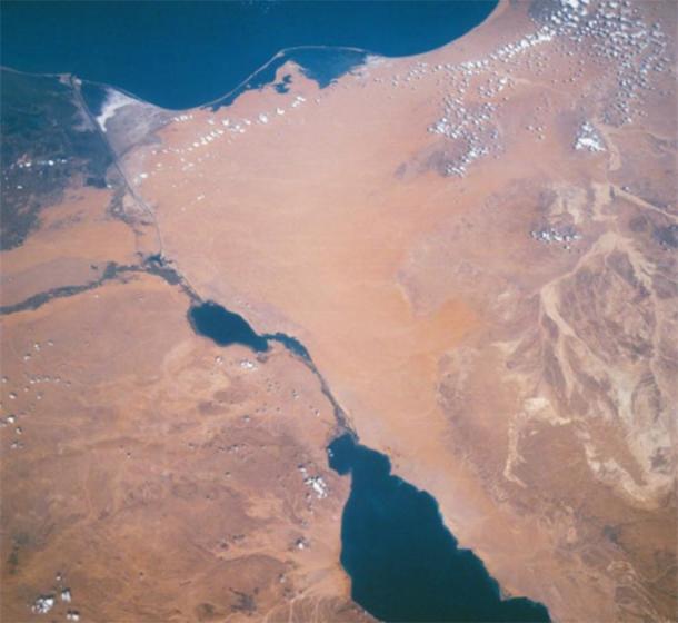 One of the Mediterranean Sea’s ‘choke points’ is the Isthmus of Suez, dissected by the Suez Canal on Sinai Peninsula, Egypt. (Here seen from the Apollo 7). (NASA / Public Domain)