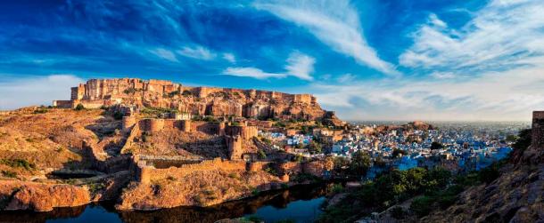 Mehrangarh Fort, Jodhpur, Rajasthan, India. Source: Dmitry Rukhlenko / Adobe Stock. Mehrangarh Fort is located on a hilltop in Jodhpur and covers an area of 1,200 acres (486 hectares). It was constructed in 1459 AD, though most of the existing structure is from the 17th century. In 2008, a human stampede occurred at a temple inside the fort, in which 249 people were killed and more than 400 injured.