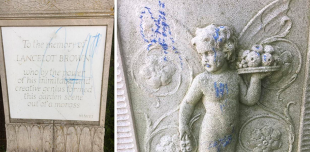 Memorial plaque to Lancelot ‘Capability’ Brown was vandalized as well. (National Trust)