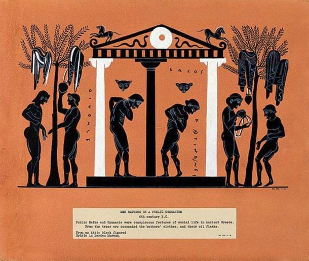 Men bathing in a public gymnasium. Gouache painting.
