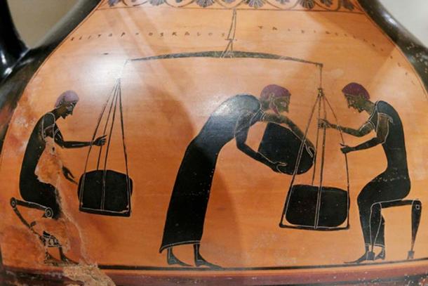 Men weighing merchandise. Side B of an Attic black-figure amphora.