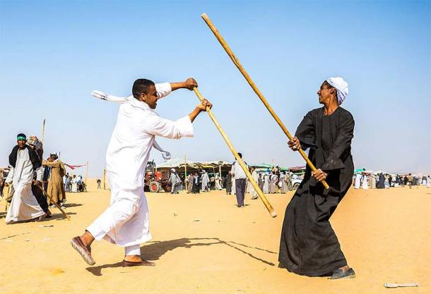 Men practicing the martial art known as tahtib. (Yasser Elrasoul / CC BY-SA 4.0)