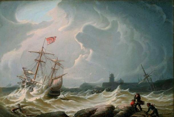 The Merchant Royal Ship sank in a storm off the coast of Cornwall. 1828 painting Ship in a Storm by Robert Salmon. (Public Domain)