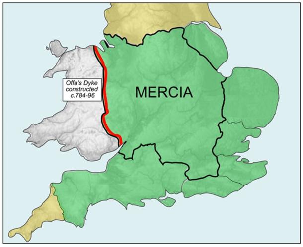 Mercia and southern England during Offa’s reign; he consolidated the areas in green into one kingdom. (Rushton2010 /  CC SA-BY 3.0)