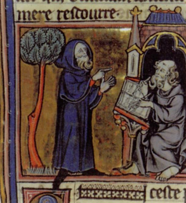 Merlin dictating his prophecies to his scribe, Blaise; French 13th century miniature from Robert de Boron's Merlin en Prose (written ca 1200).