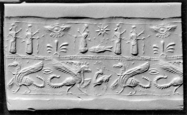 Mesopotamian cylinder seal with griffins, humans and a winged disk. (Public domain)