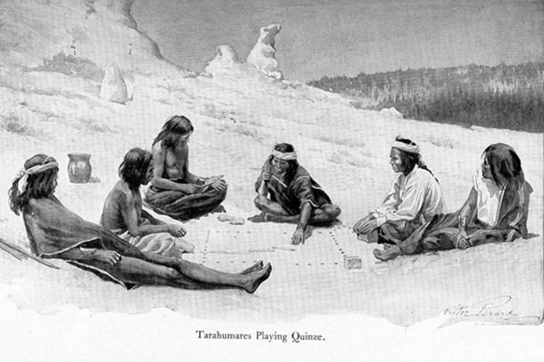 Mexico's Tarahumara people at play based on hole patterns at Tlacuachero site (1907 illustration). 