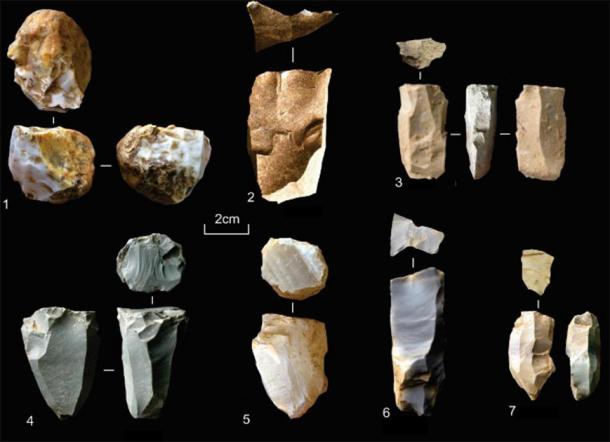 Microlithic blade cores from Dhaba. 1. Agate pebble microblade core with three microblade scars; 2. bidirectional core; 3. limestone unidirectional microblade core; 4. bidirectional microblade core with faceted platform from the surface of the site; 5. agate unidirectional microblade core; 6-7. chert bidirectional microblade cores with faceted platforms. (Clarkson et al.)