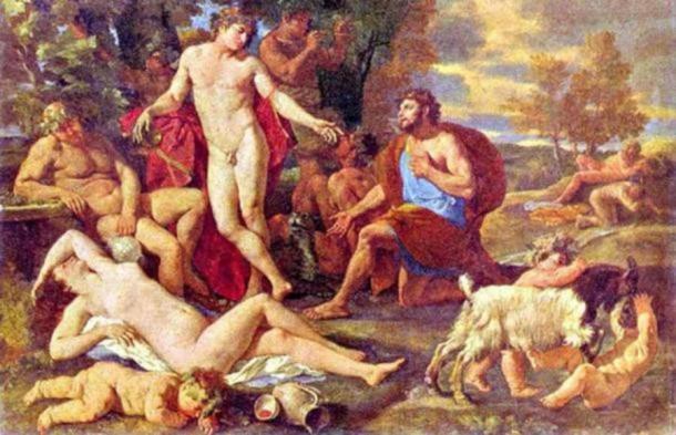 Midas and Dionysus by Poussin (1594-1665), showing the end of the myth in which Midas thanks Dionysus for freeing him of the gift/curse previously granted. Nymphenburg Palace. Munich, Germany. (Public Domain)