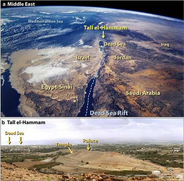 Top; The Middle East and Tall el-Hammam (in present-day Jordan) where the cosmic impact of an asteroid completely destroyed a city of nearly 9,000 inhabitants. Bottom; The present-day remains of Tall el-Hammam where the cosmic impact of an asteroid blast destroyed life and melted rock and pottery. (Scientific Reports)