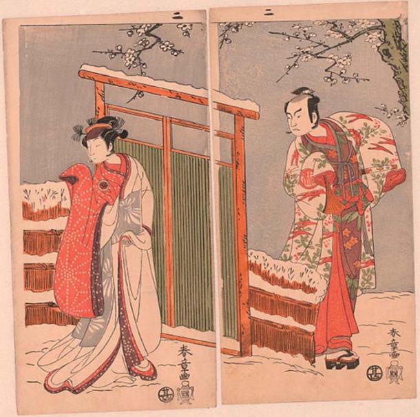 Middle and right leaf of a triptych from 1770 for the play Myoto giku Izu no Kisewata. The actor Segawa Kikunojo II is in the role of Yuki-onna (left) and actor Arashi Sangoro II is Minamoto no Yoritomo (right).