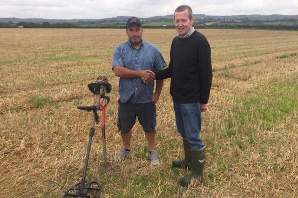 Mike Smale (left) detected the coins on farmland managed by Anthony Butler (right) 