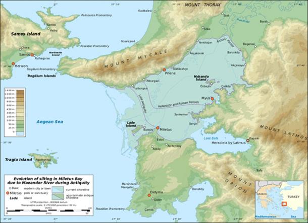 Map showing the silting evolution of Miletus Bay due to the alluvium brought by the Maeander River during antiquity. 