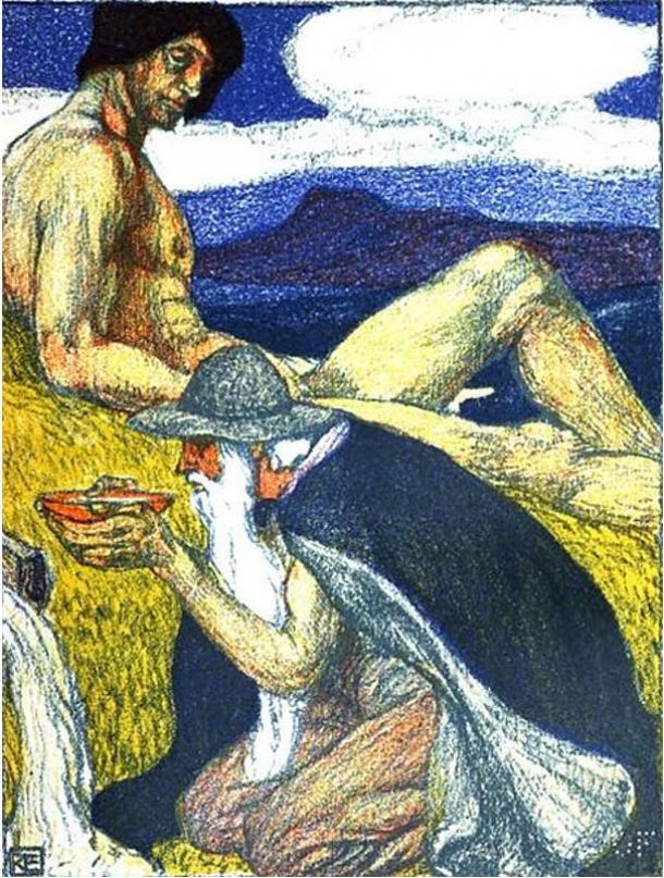 A depiction of Mimir and Odin. The god Odin drinks from the well of wisdom. 1903.