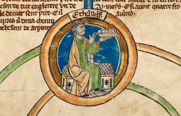 Miniature of King Æthelwulf of Wessex, father of Alfred the Great, in the Genealogical roll of the kings of England. (Public domain)