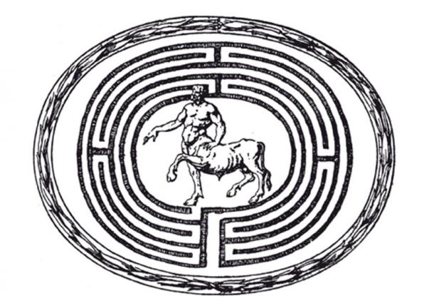 Engraving of the Minotaur in a labyrinth.