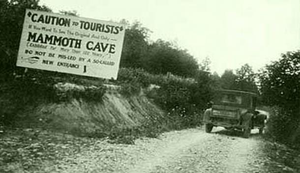 Misleading signs were placed along the roads leading from Cave City to the Mammoth Cave to misguide tourists during the cave wars. (Appalachian History)