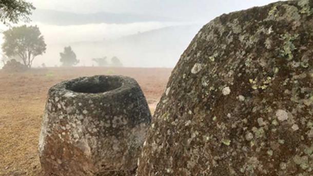 Misty day at Site 2 showing two sandstone megalithic jars. (Australian National University / Fair Use)