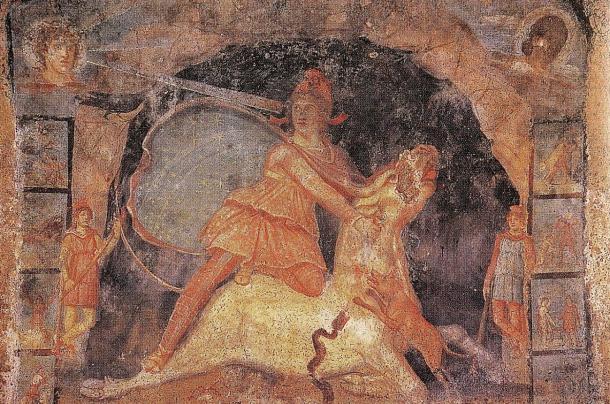 Mithras and the Bull: This fresco from the Mithraeum at Marino, Italy (third century) shows the tauroctony and the celestial lining of Mithras' cape
