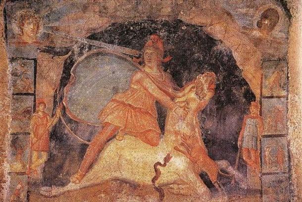 Mithras and the bull, fresco from Temple of Mithras, Marino, Italy, dated 2nd AD. (Public Domain)