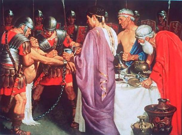 An image depicting Mithridates VI giving poison to a prisoner. (CC BY NC ND 3.0)