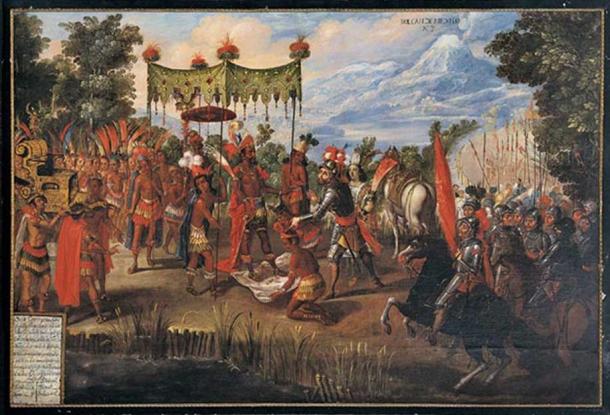 Moctezuma presents gifts to Cortez (public domain).