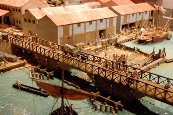 Model of the first bridge over the Thames (85-90AD) at the Museum of London. Image: Steven G Johnson/CC BY SA 3.0