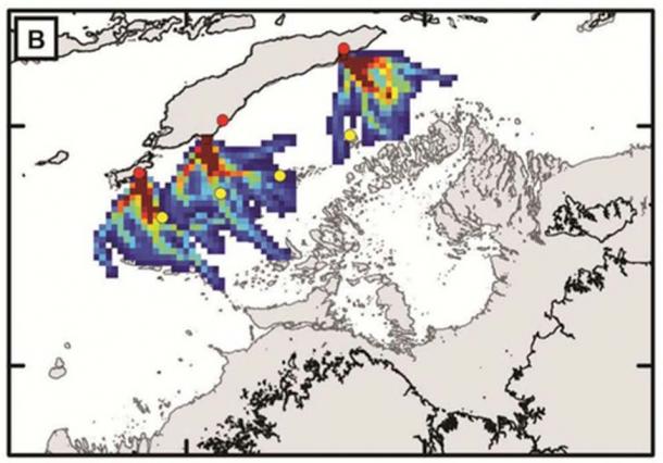 Model results for vessel launches from Timor and Roti, showing ‘purposeful’ voyaging simulated by paddling. Yellow dots show the islands closest to Timor/Roti. (Image: Scott Condie/Robin Beaman)
